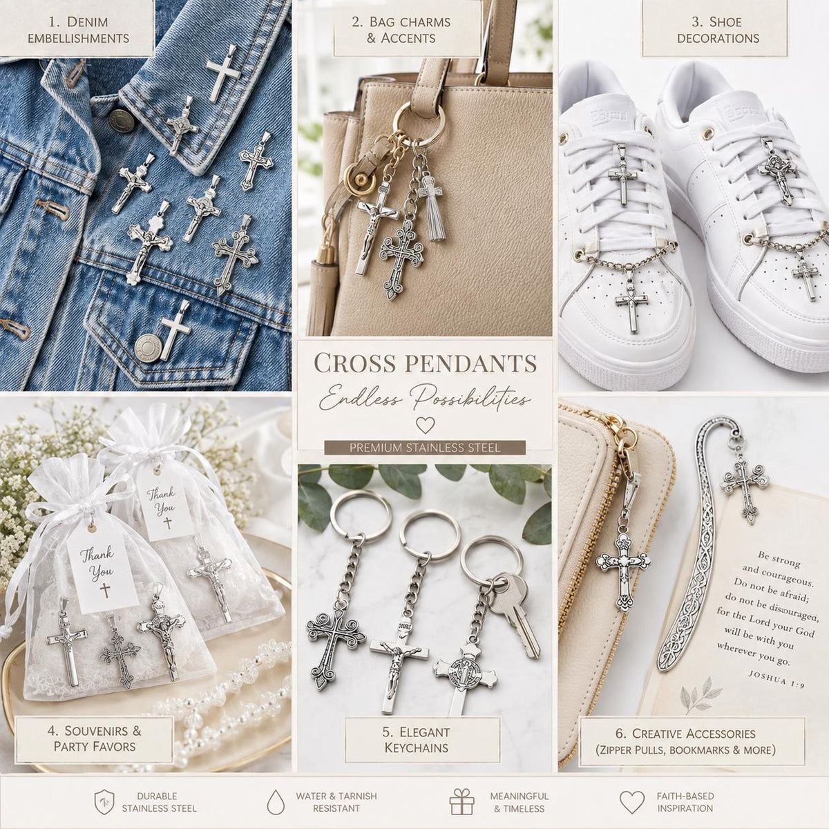 Silver Stainless Steel Cross and Crucifix Pendants, 6 or 18 Pieces, Rosary and Jewelry Making