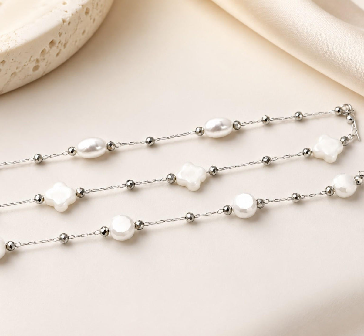 Pearl Beaded Stainless Steel Chain, Clover Pearl Beaded Chain, Dainty Gold & Silver Choker, Minimalist Bridal Jewelry, Gift for Her- by Yard