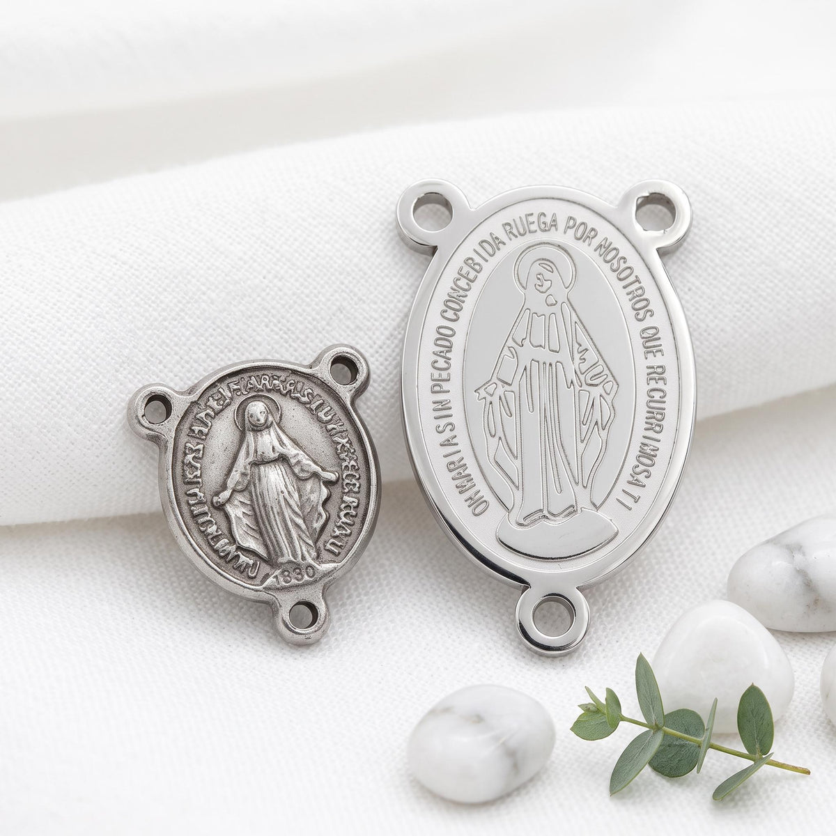 Silver Stainless Steel or PVD Gold Stainless Steel Virgin Mary Rosary Centers, 3 or 15 Pieces, 3-Loop Connectors