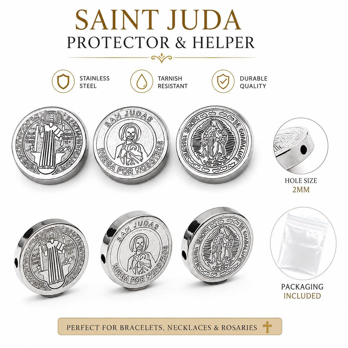 Stainless Steel Religious Coin Slider Beads, St Benedict San Judas Virgin of Guadalupe Spacer Beads for DIY Rosary Bracelet Jewelry Making