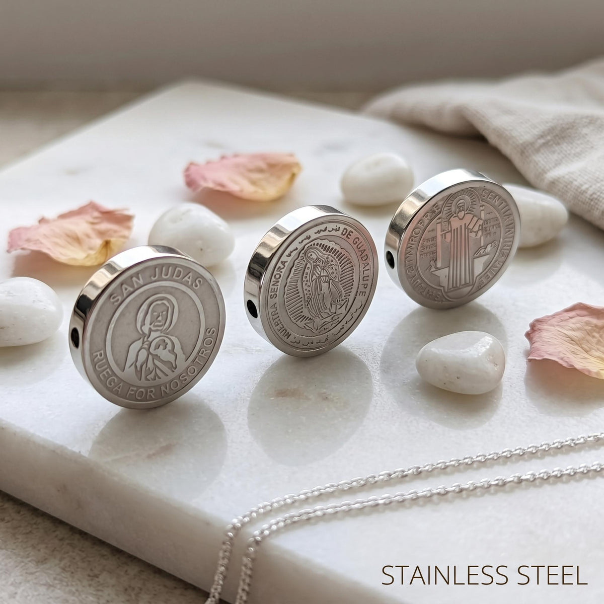 Stainless Steel Religious Coin Slider Beads, St Benedict San Judas Virgin of Guadalupe Spacer Beads for DIY Rosary Bracelet Jewelry Making