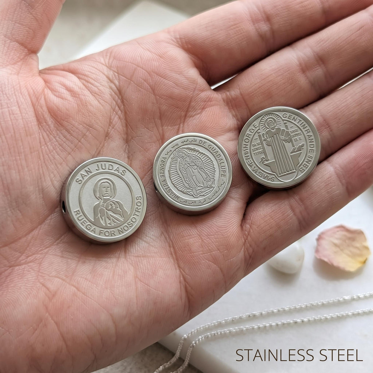 Stainless Steel Religious Coin Slider Beads, St Benedict San Judas Virgin of Guadalupe Spacer Beads for DIY Rosary Bracelet Jewelry Making