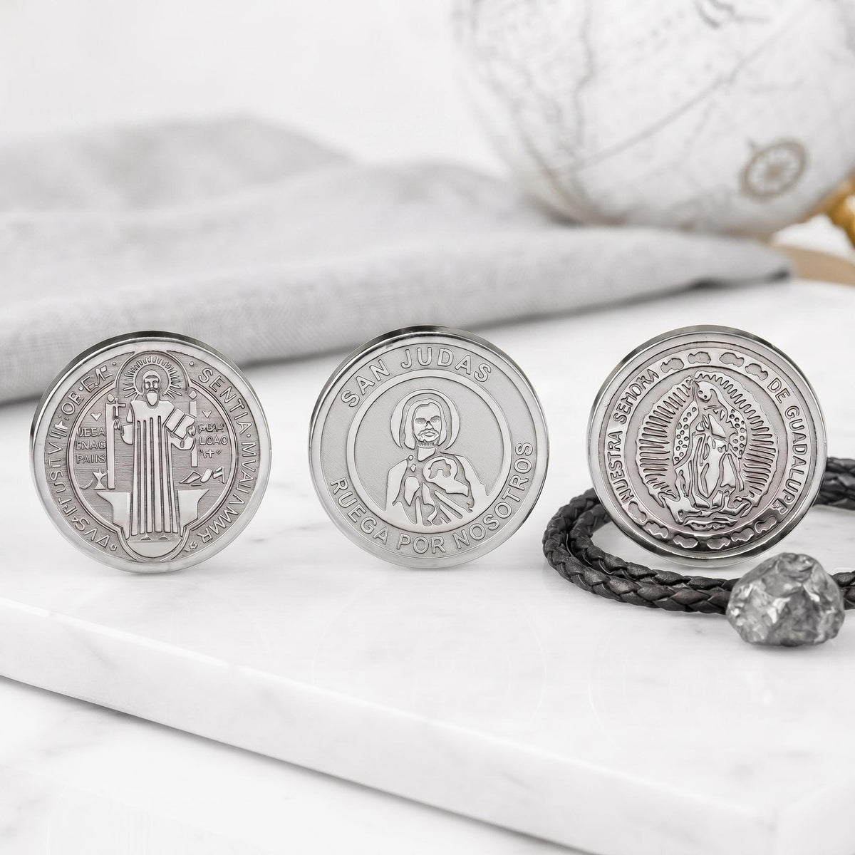 Stainless Steel Religious Coin Slider Beads, St Benedict San Judas Virgin of Guadalupe Spacer Beads for DIY Rosary Bracelet Jewelry Making
