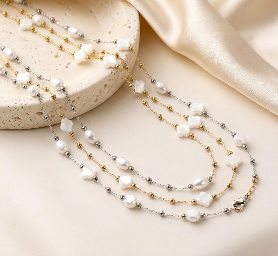 Pearl Beaded Stainless Steel Chain, Clover Pearl Beaded Chain, Dainty Gold & Silver Choker, Minimalist Bridal Jewelry, Gift for Her- by Yard