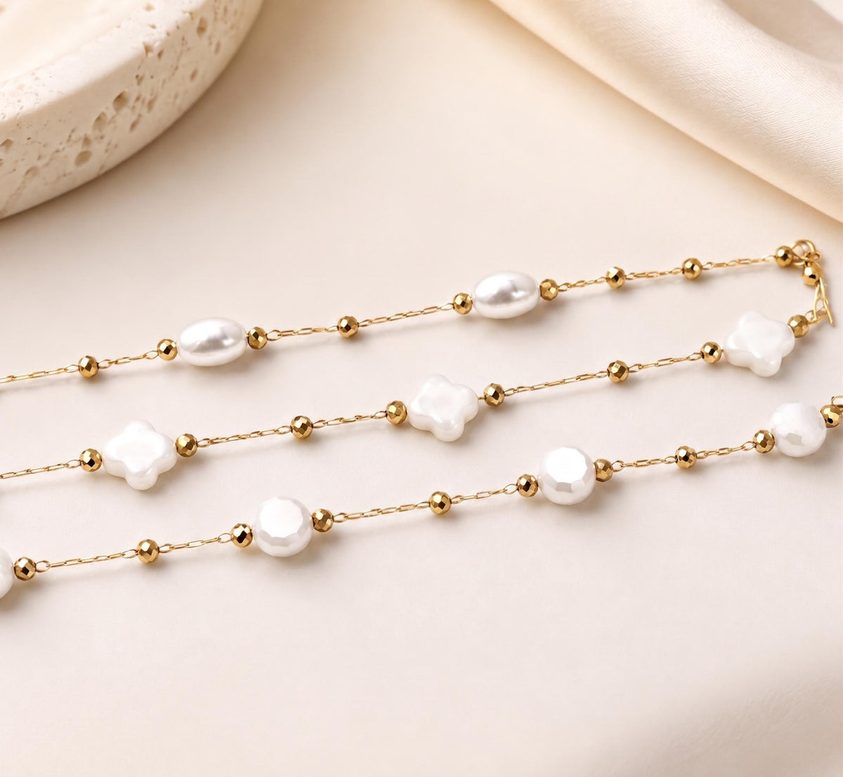 Pearl Beaded Stainless Steel Chain, Clover Pearl Beaded Chain, Dainty Gold & Silver Choker, Minimalist Bridal Jewelry, Gift for Her- by Yard