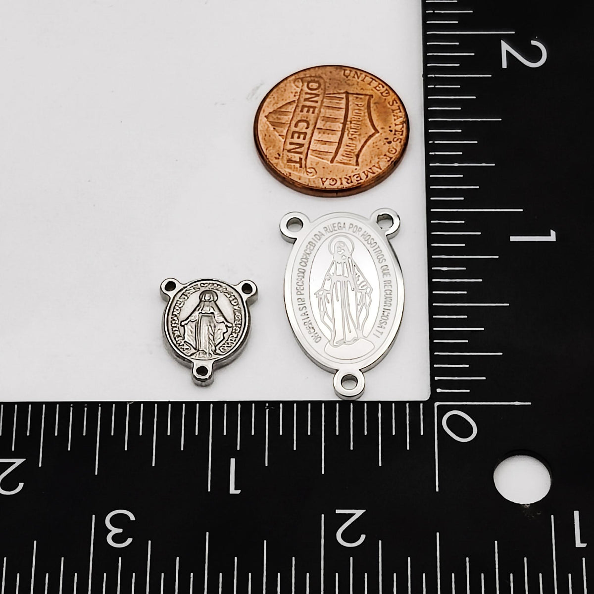 Silver Stainless Steel or PVD Gold Stainless Steel Virgin Mary Rosary Centers, 3 or 15 Pieces, 3-Loop Connectors