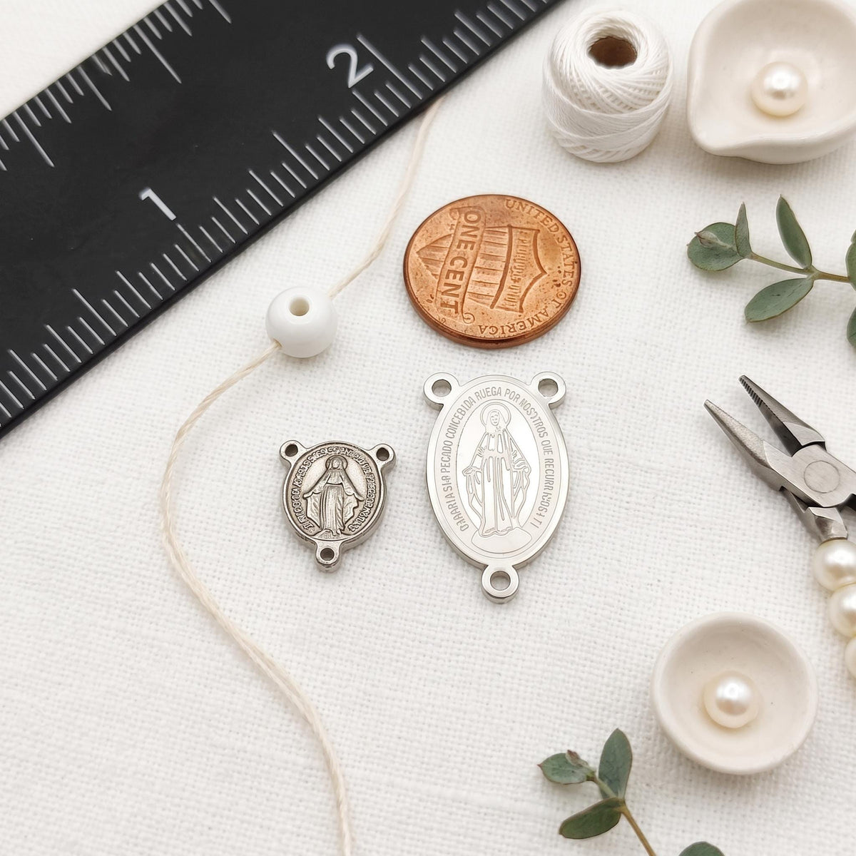Silver Stainless Steel or PVD Gold Stainless Steel Virgin Mary Rosary Centers, 3 or 15 Pieces, 3-Loop Connectors