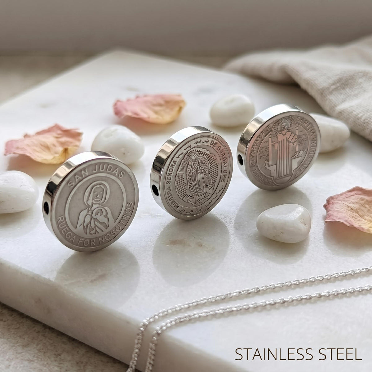 Stainless Steel Religious Coin Slider Beads, St Benedict San Judas Virgin of Guadalupe Spacer Beads for DIY Rosary Bracelet Jewelry Making