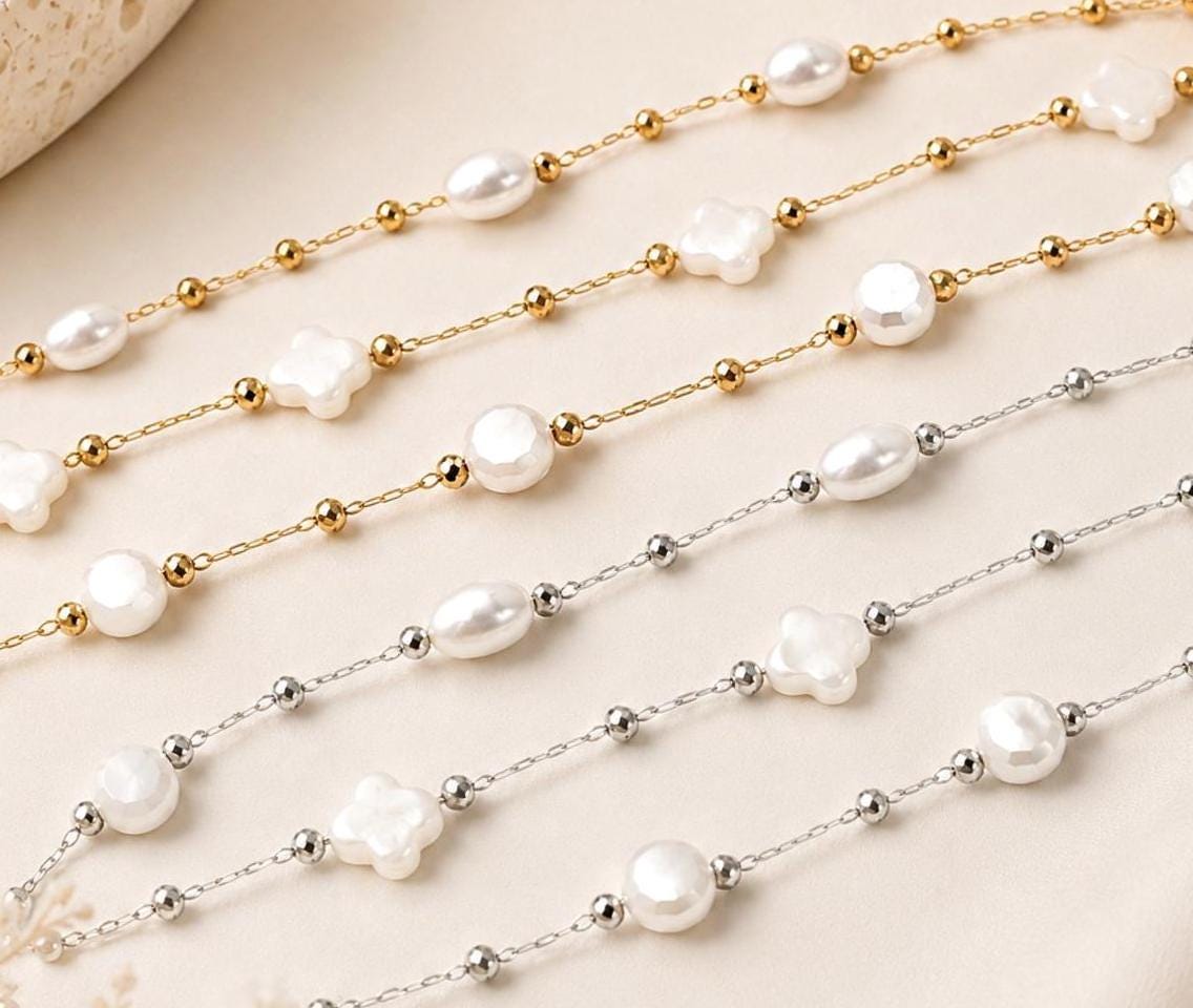 Pearl Beaded Stainless Steel Chain, Clover Pearl Beaded Chain, Dainty Gold & Silver Choker, Minimalist Bridal Jewelry, Gift for Her- by Yard