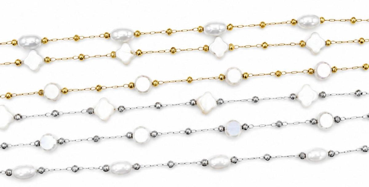 Pearl Beaded Stainless Steel Chain, Clover Pearl Beaded Chain, Dainty Gold & Silver Choker, Minimalist Bridal Jewelry, Gift for Her- by Yard