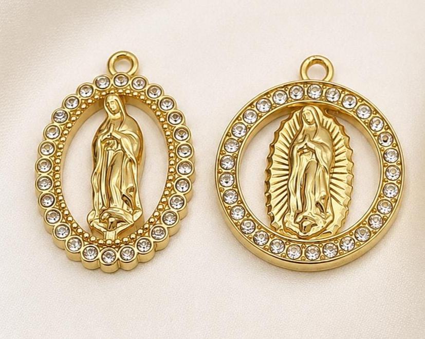 Virgin Mary Charms Gold Stainless Steel Rhinestone Religious Pendants, Guadalupe Medal for Rosary Jewelry Making