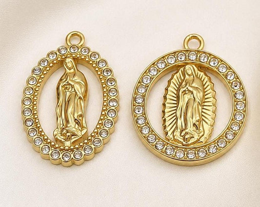 Virgin Mary Charms Gold Stainless Steel Rhinestone Religious Pendants, Guadalupe Medal for Rosary Jewelry Making