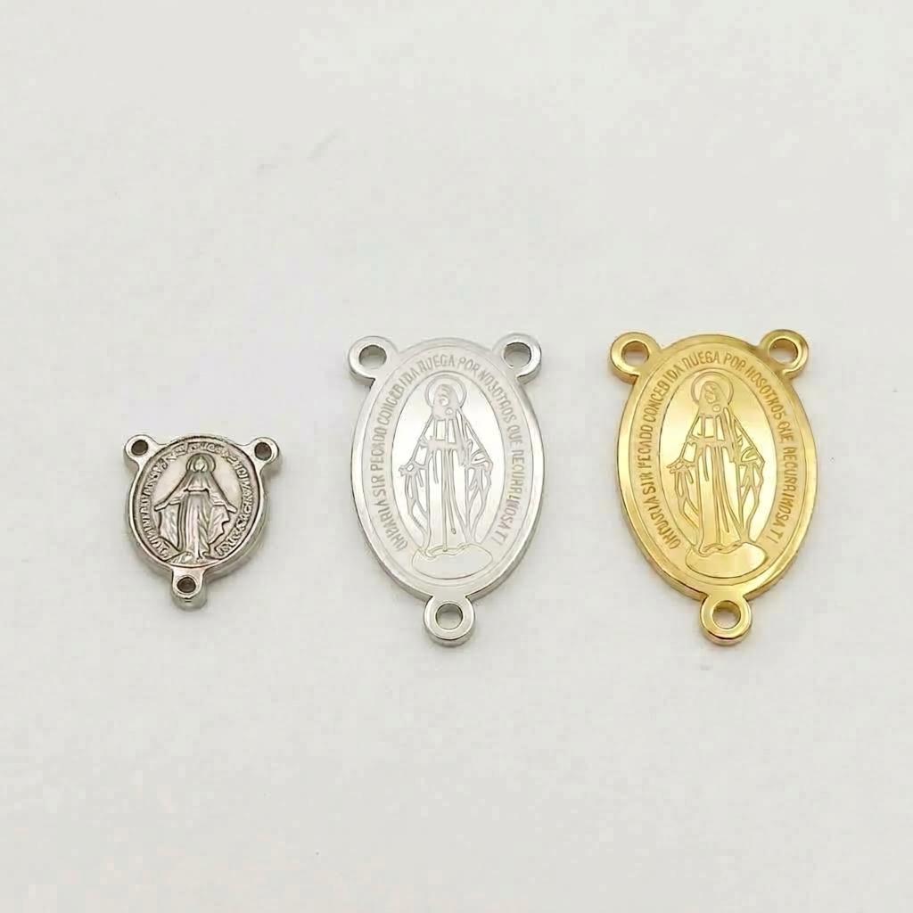 Silver Stainless Steel or PVD Gold Stainless Steel Virgin Mary Rosary Centers, 3 or 15 Pieces, 3-Loop Connectors