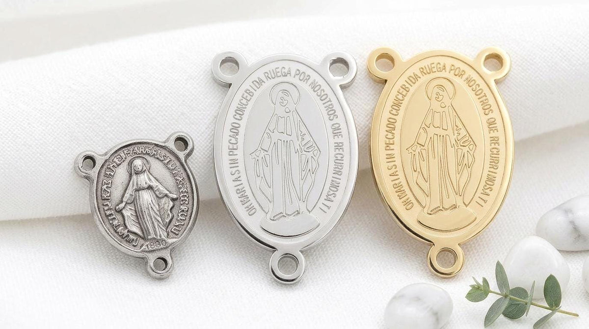 Silver Stainless Steel or PVD Gold Stainless Steel Virgin Mary Rosary Centers, 3 or 15 Pieces, 3-Loop Connectors
