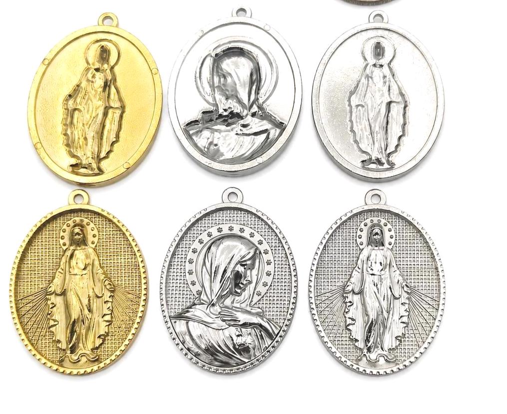 Stainless Steel Virgin Mary Medal Charms, Large Oval Religious Pendants in Gold or Silver Tone for Rosary and Jewelry Making