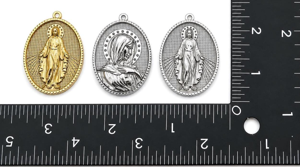 Stainless Steel Virgin Mary Medal Charms, Large Oval Religious Pendants in Gold or Silver Tone for Rosary and Jewelry Making