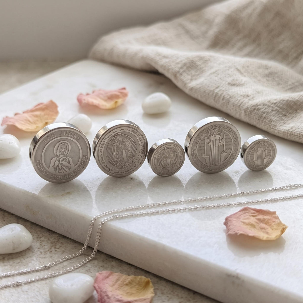 Stainless Steel Religious Coin Slider Beads, St Benedict San Judas Virgin of Guadalupe Spacer Beads for DIY Rosary Bracelet Jewelry Making