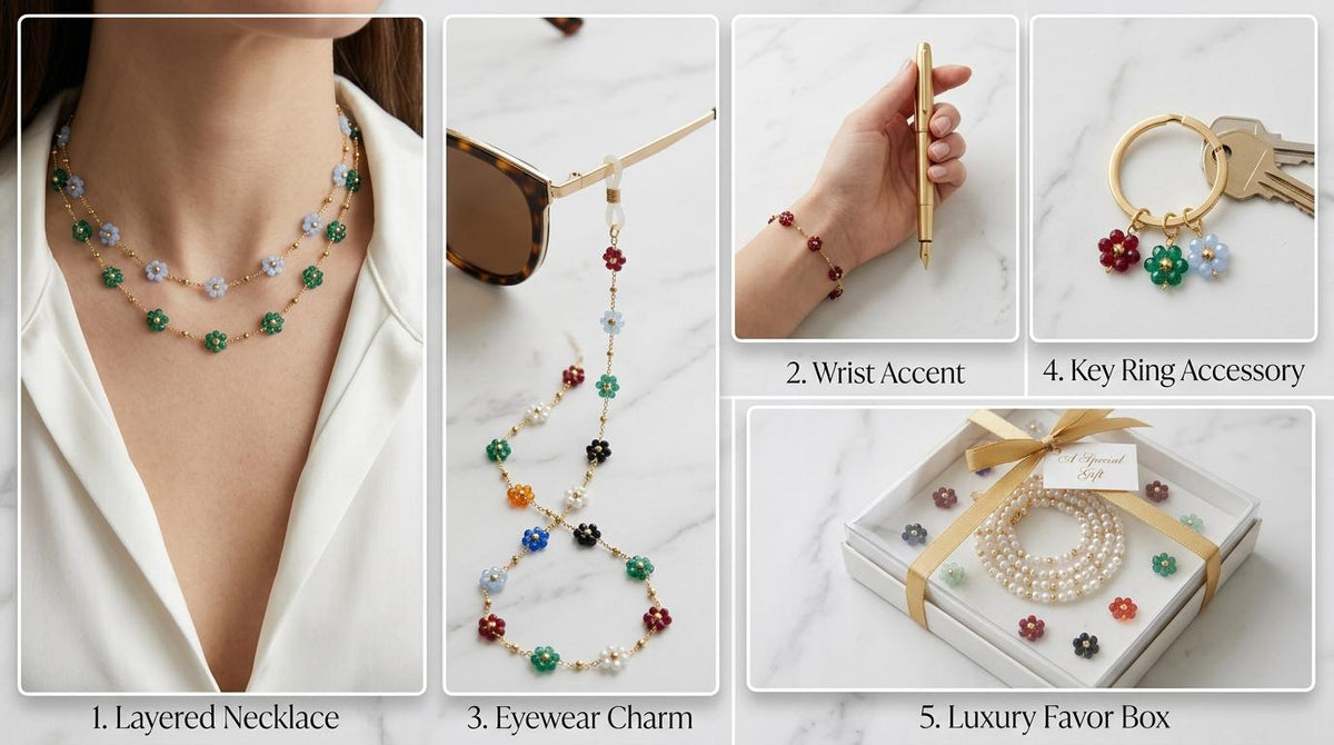 Stainless Steel Multicolor Flower Beaded Chain by Yard, Gold Tone Daisy Chain, Crystal Floral Jewelry Chain, Necklace Bracelet Making Supply