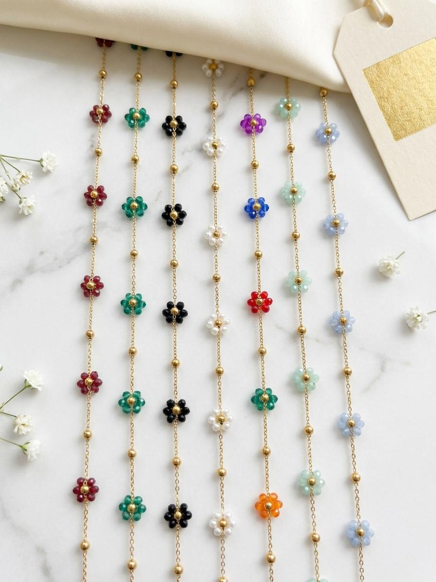 Stainless Steel Multicolor Flower Beaded Chain by Yard, Gold Tone Daisy Chain, Crystal Floral Jewelry Chain, Necklace Bracelet Making Supply