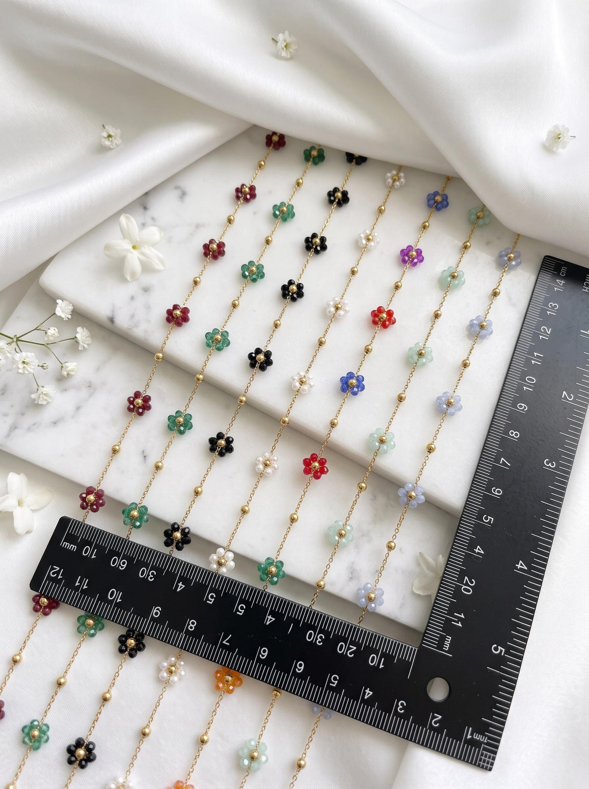 Stainless Steel Multicolor Flower Beaded Chain by Yard, Gold Tone Daisy Chain, Crystal Floral Jewelry Chain, Necklace Bracelet Making Supply