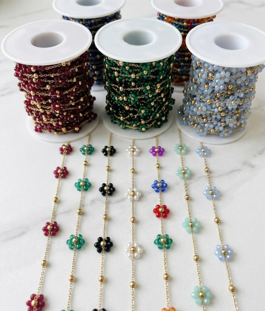 Stainless Steel Multicolor Flower Beaded Chain by Yard, Gold Tone Daisy Chain, Crystal Floral Jewelry Chain, Necklace Bracelet Making Supply
