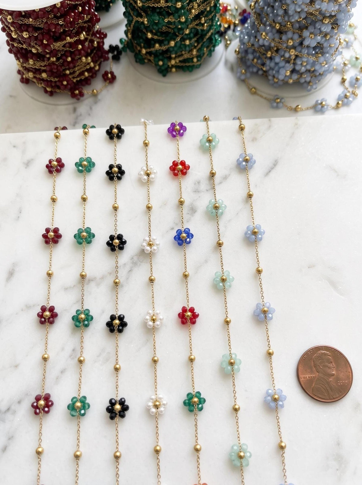 Stainless Steel Multicolor Flower Beaded Chain by Yard, Gold Tone Daisy Chain, Crystal Floral Jewelry Chain, Necklace Bracelet Making Supply