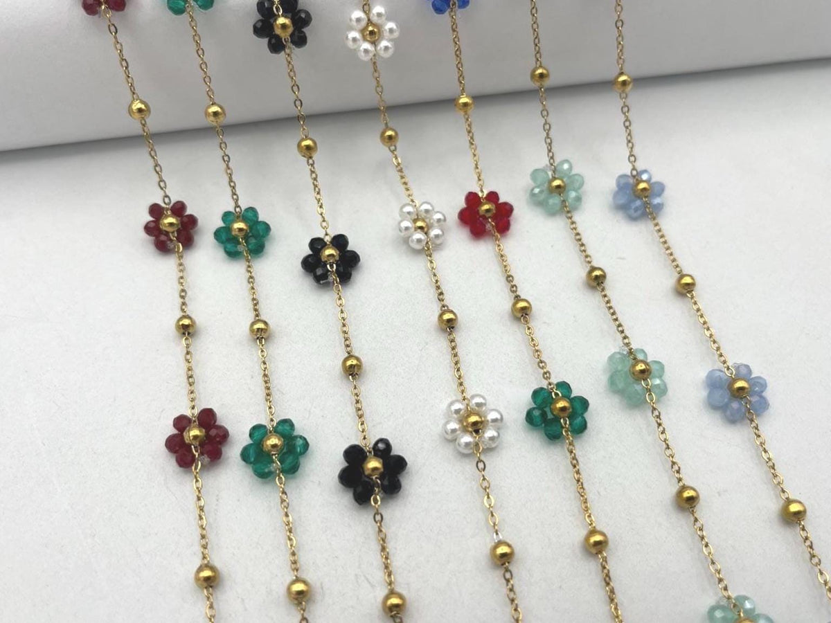 Stainless Steel Multicolor Flower Beaded Chain by Yard, Gold Tone Daisy Chain, Crystal Floral Jewelry Chain, Necklace Bracelet Making Supply