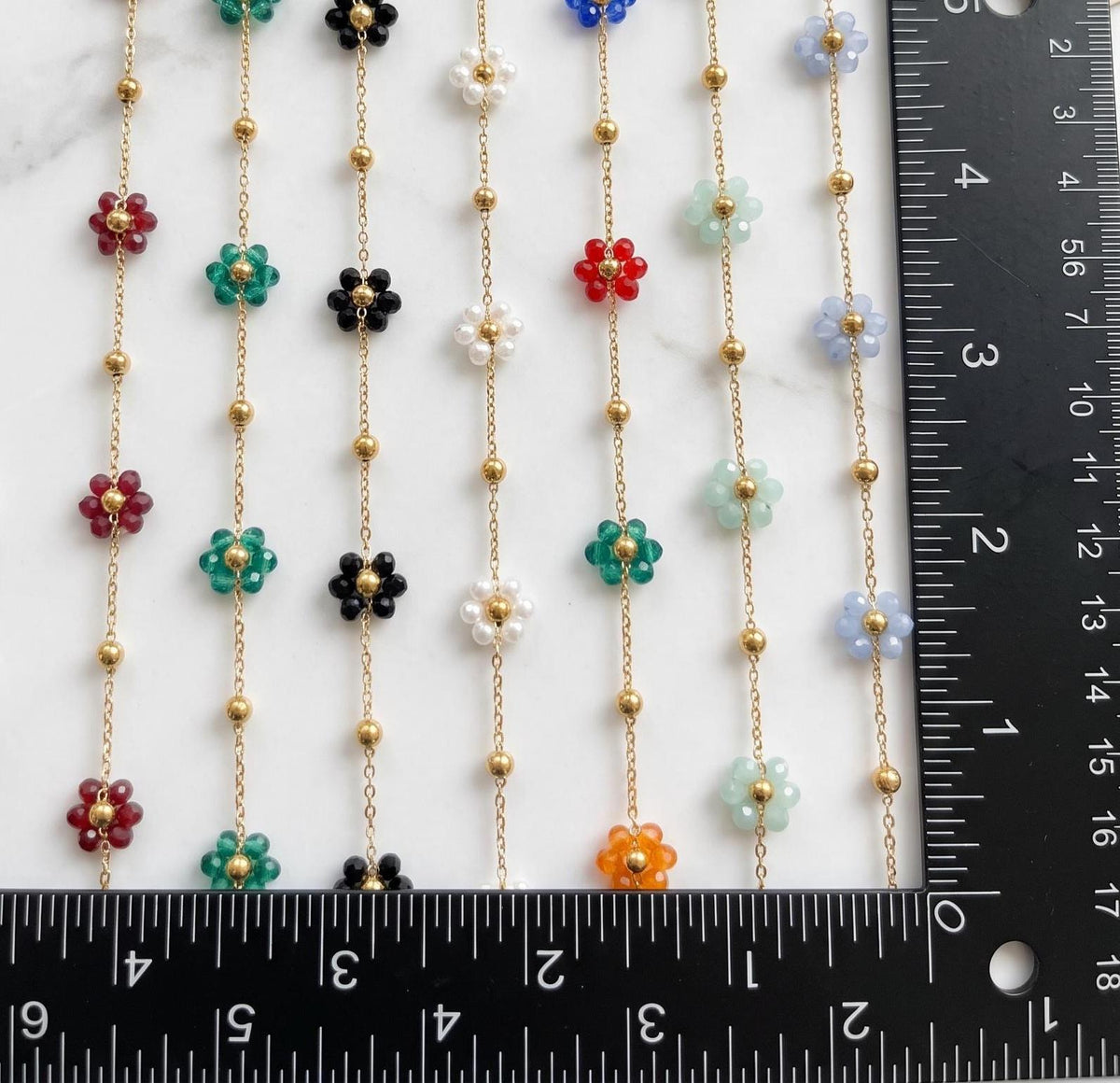Stainless Steel Multicolor Flower Beaded Chain by Yard, Gold Tone Daisy Chain, Crystal Floral Jewelry Chain, Necklace Bracelet Making Supply