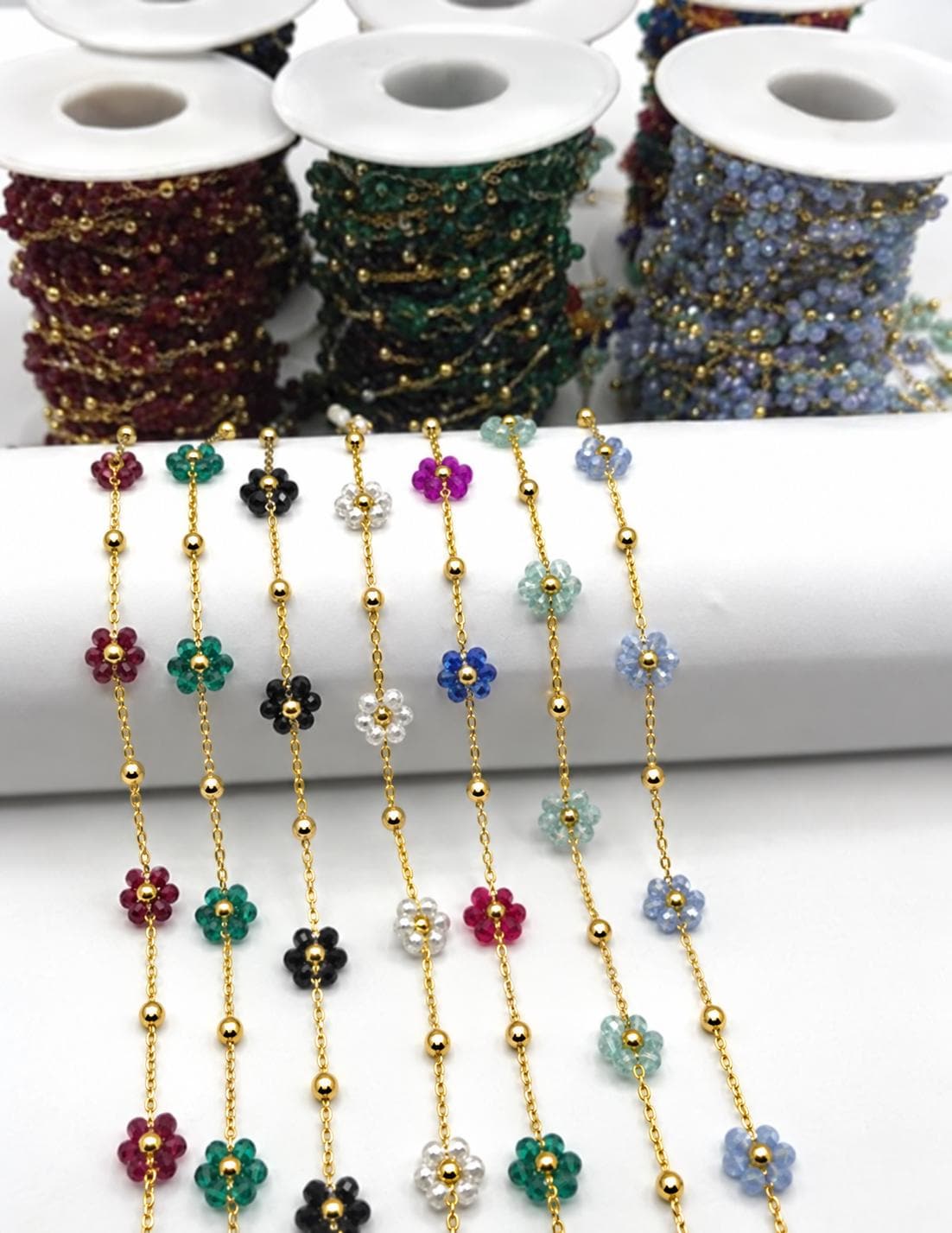 Stainless Steel Multicolor Flower Beaded Chain by Yard, Gold Tone Daisy Chain, Crystal Floral Jewelry Chain, Necklace Bracelet Making Supply