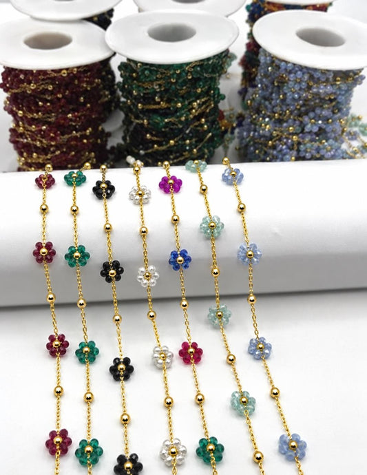 Stainless Steel Multicolor Flower Beaded Chain by Yard, Gold Tone Daisy Chain, Crystal Floral Jewelry Chain, Necklace Bracelet Making Supply
