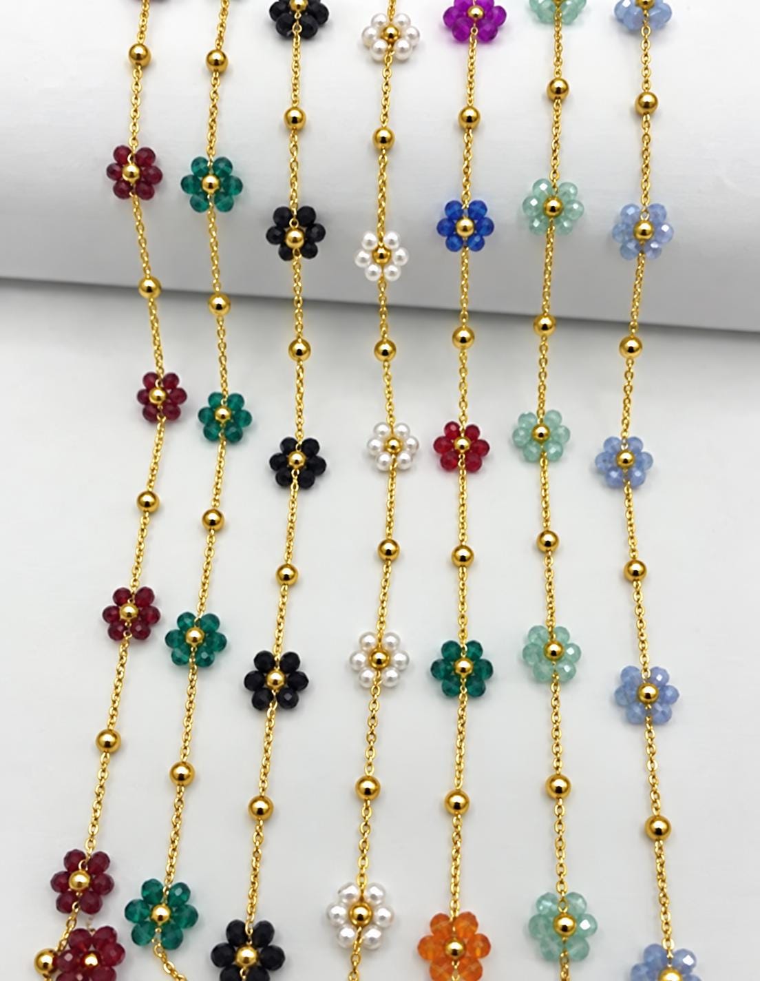 Stainless Steel Multicolor Flower Beaded Chain by Yard, Gold Tone Daisy Chain, Crystal Floral Jewelry Chain, Necklace Bracelet Making Supply