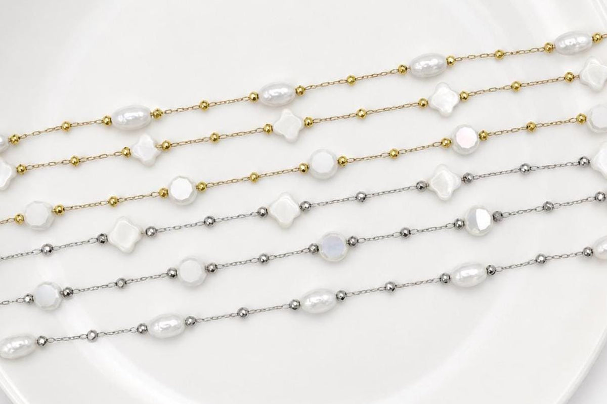 Pearl Beaded Stainless Steel Chain, Clover Pearl Beaded Chain, Dainty Gold & Silver Choker, Minimalist Bridal Jewelry, Gift for Her- by Yard