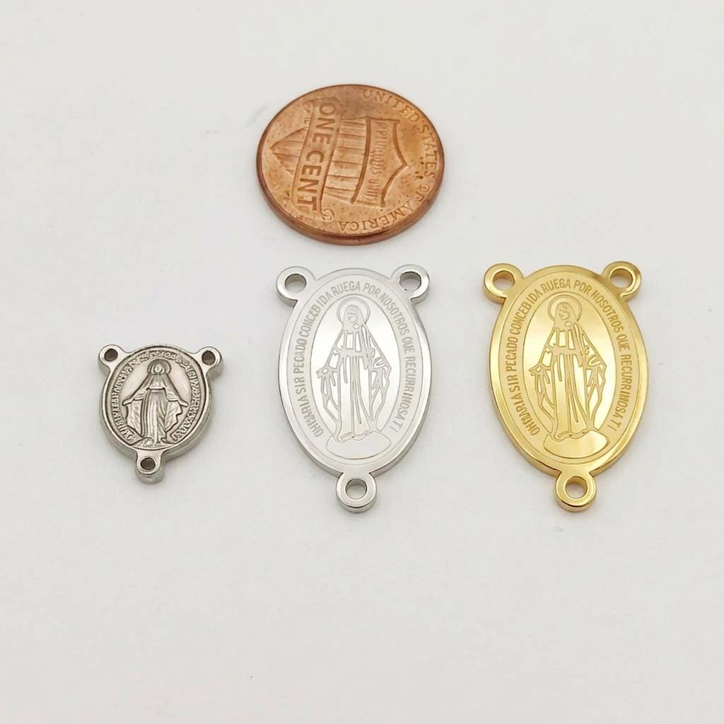 Silver Stainless Steel or PVD Gold Stainless Steel Virgin Mary Rosary Centers, 3 or 15 Pieces, 3-Loop Connectors