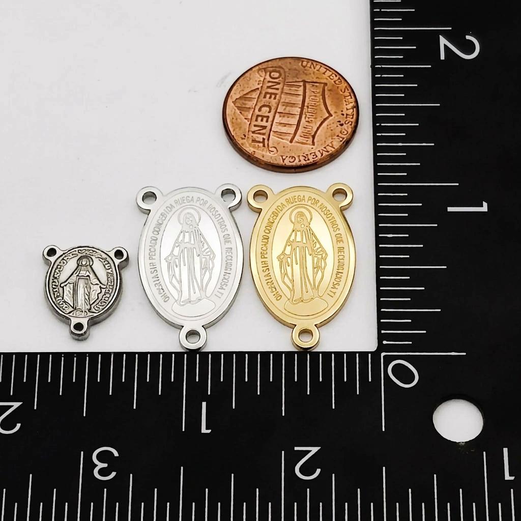 Silver Stainless Steel or PVD Gold Stainless Steel Virgin Mary Rosary Centers, 3 or 15 Pieces, 3-Loop Connectors