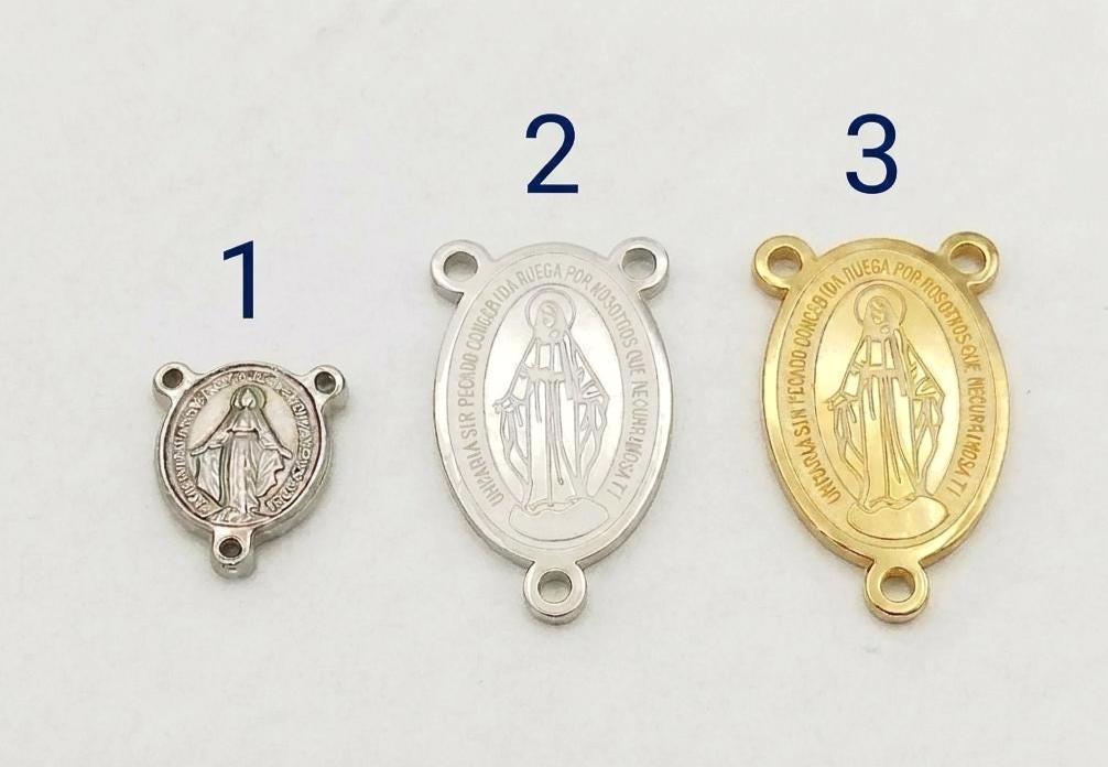 Silver Stainless Steel or PVD Gold Stainless Steel Virgin Mary Rosary Centers, 3 or 15 Pieces, 3-Loop Connectors