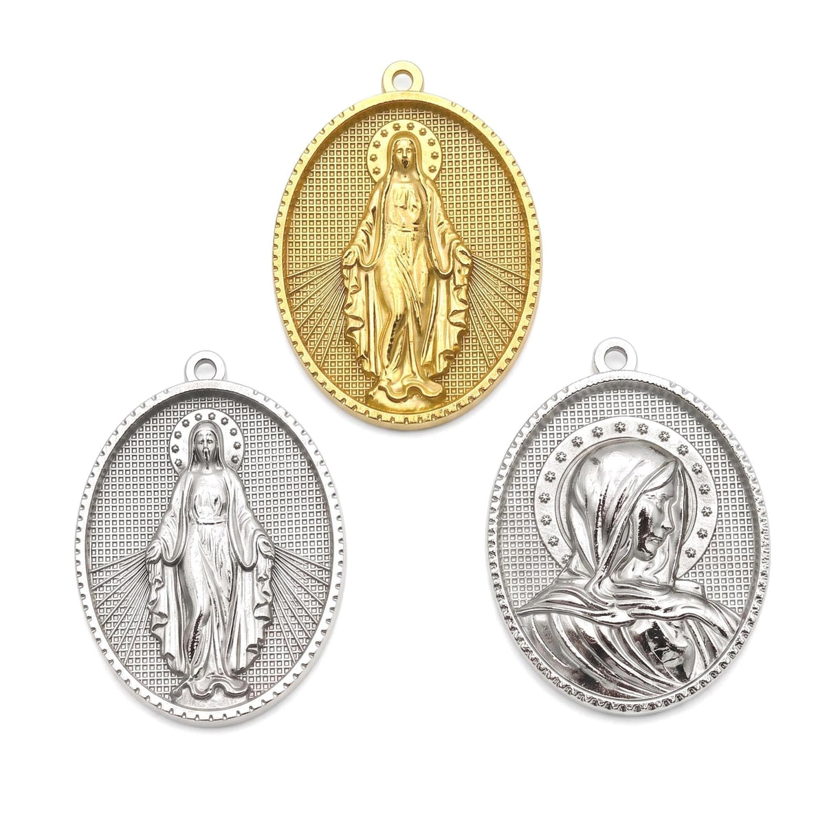 Stainless Steel Virgin Mary Medal Charms, Large Oval Religious Pendants in Gold or Silver Tone for Rosary and Jewelry Making