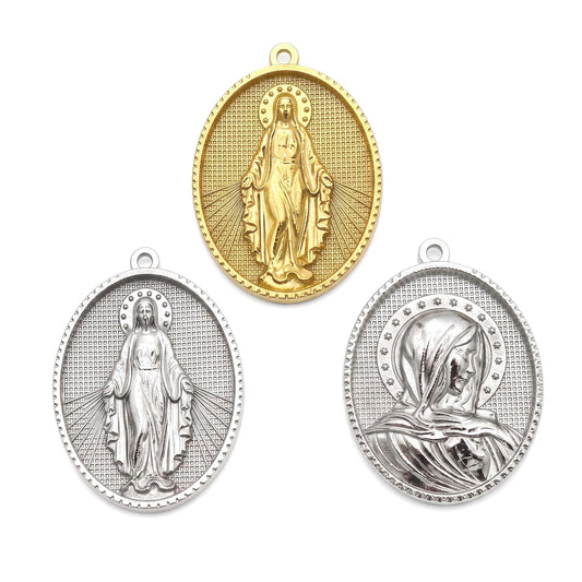Stainless Steel Virgin Mary Medal Charms, Large Oval Religious Pendants in Gold or Silver Tone for Rosary and Jewelry Making