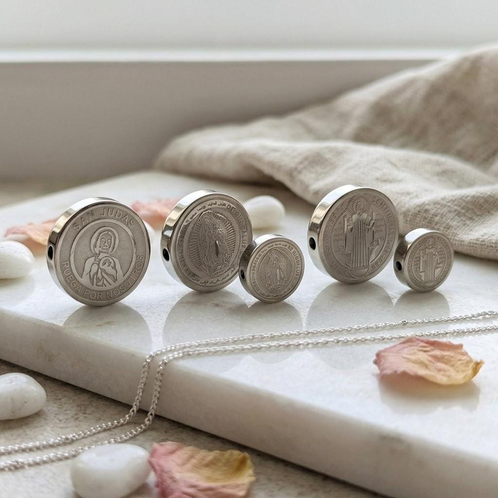 Stainless Steel Religious Coin Slider Beads, St Benedict San Judas Virgin of Guadalupe Spacer Beads for DIY Rosary Bracelet Jewelry Making
