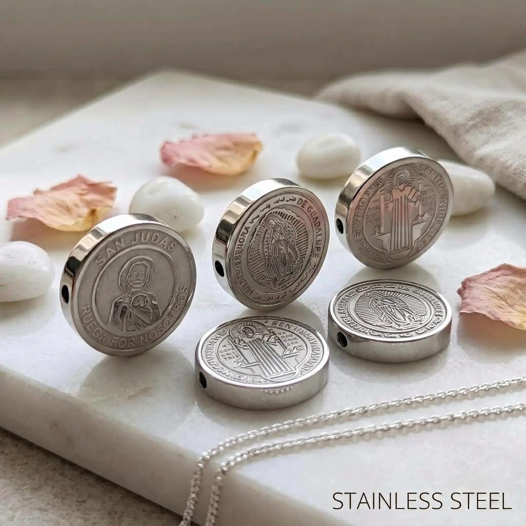 Stainless Steel Religious Coin Slider Beads, St Benedict San Judas Virgin of Guadalupe Spacer Beads for DIY Rosary Bracelet Jewelry Making
