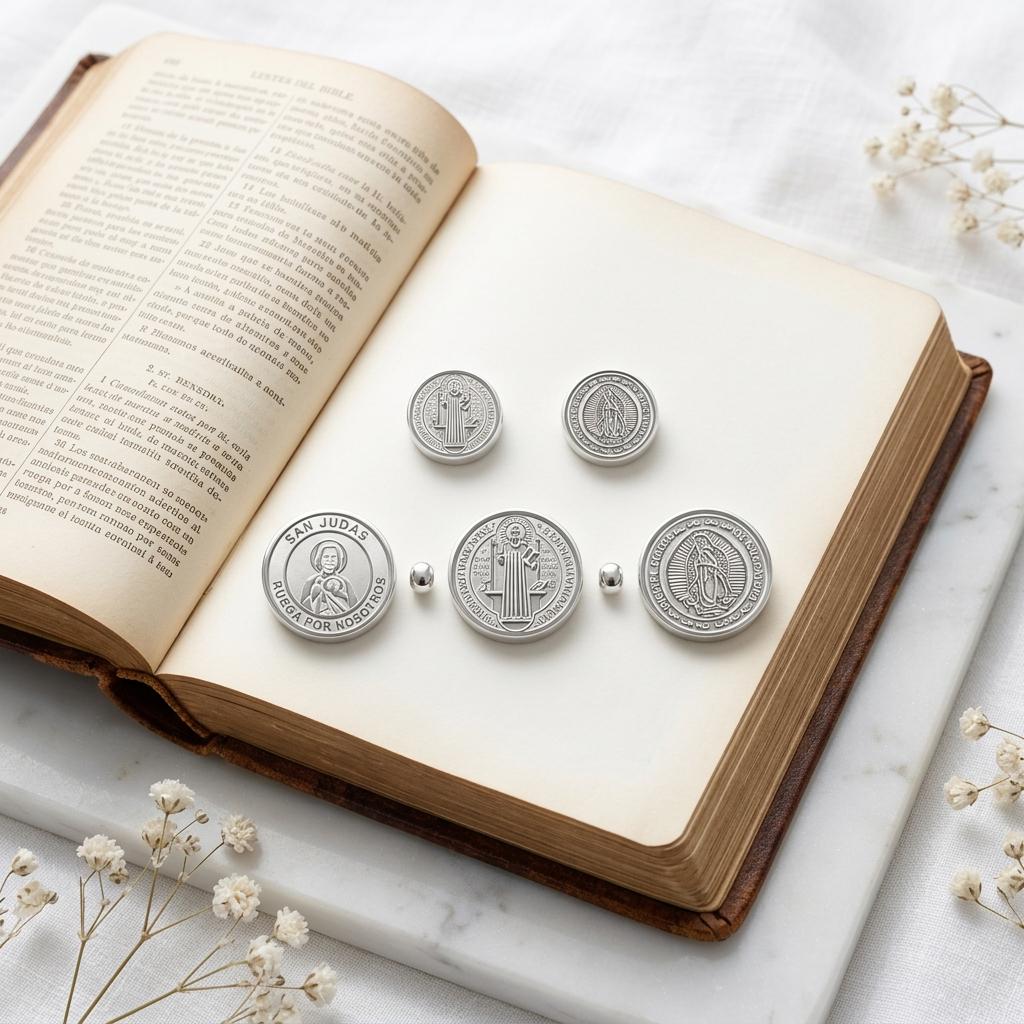 Stainless Steel Religious Coin Slider Beads, St Benedict San Judas Virgin of Guadalupe Spacer Beads for DIY Rosary Bracelet Jewelry Making