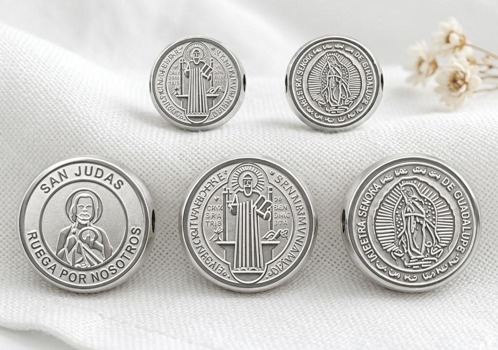 Stainless Steel Religious Coin Slider Beads, St Benedict San Judas Virgin of Guadalupe Spacer Beads for DIY Rosary Bracelet Jewelry Making