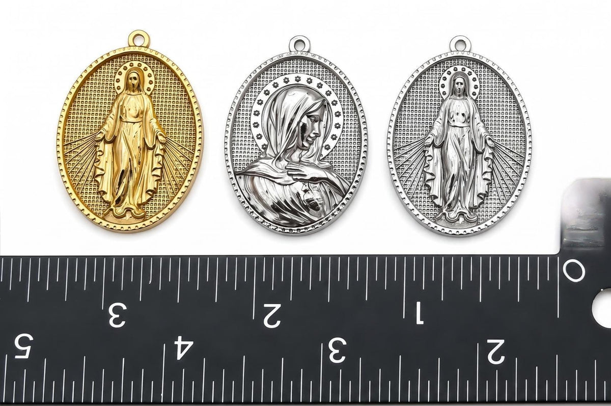 Stainless Steel Virgin Mary Medal Charms, Large Oval Religious Pendants in Gold or Silver Tone for Rosary and Jewelry Making