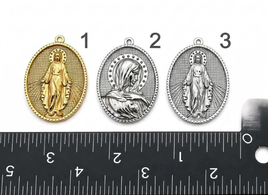 Stainless Steel Virgin Mary Medal Charms, Large Oval Religious Pendants in Gold or Silver Tone for Rosary and Jewelry Making