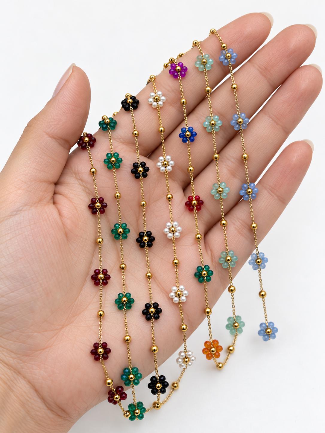 Stainless Steel Multicolor Flower Beaded Chain by Yard, Gold Tone Daisy Chain, Crystal Floral Jewelry Chain, Necklace Bracelet Making Supply
