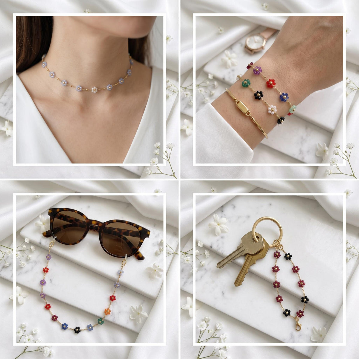 Stainless Steel Multicolor Flower Beaded Chain by Yard, Gold Tone Daisy Chain, Crystal Floral Jewelry Chain, Necklace Bracelet Making Supply