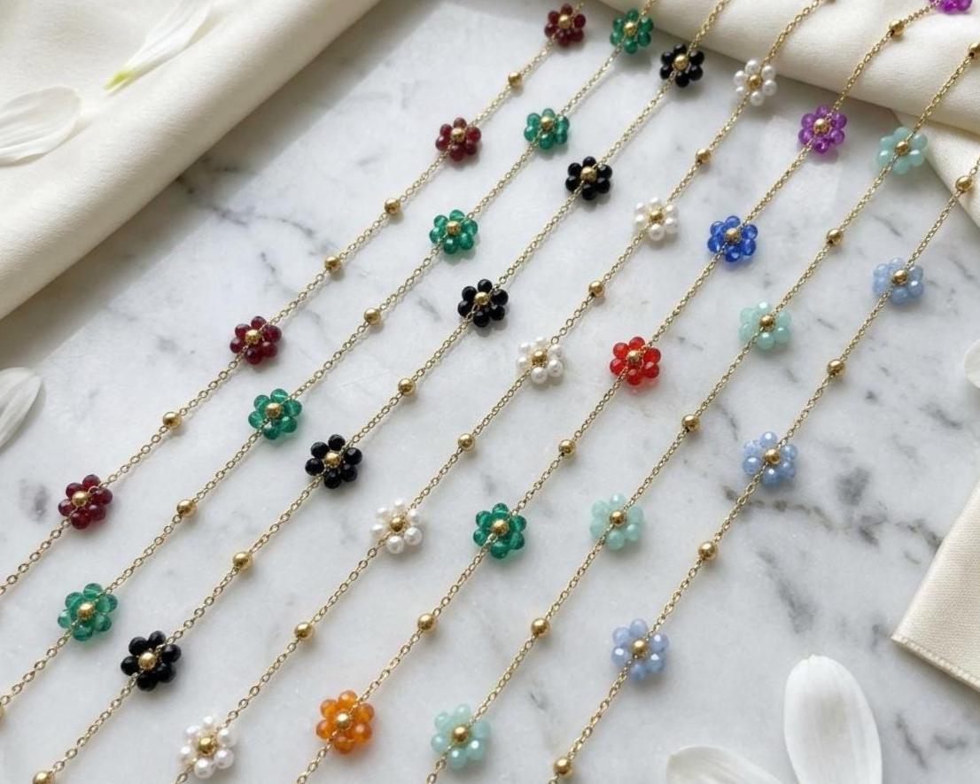 Stainless Steel Multicolor Flower Beaded Chain by Yard, Gold Tone Daisy Chain, Crystal Floral Jewelry Chain, Necklace Bracelet Making Supply