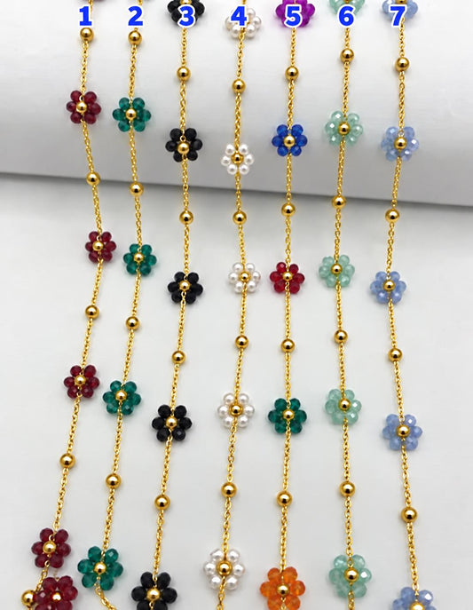 Stainless Steel Multicolor Flower Beaded Chain by Yard, Gold Tone Daisy Chain, Crystal Floral Jewelry Chain, Necklace Bracelet Making Supply