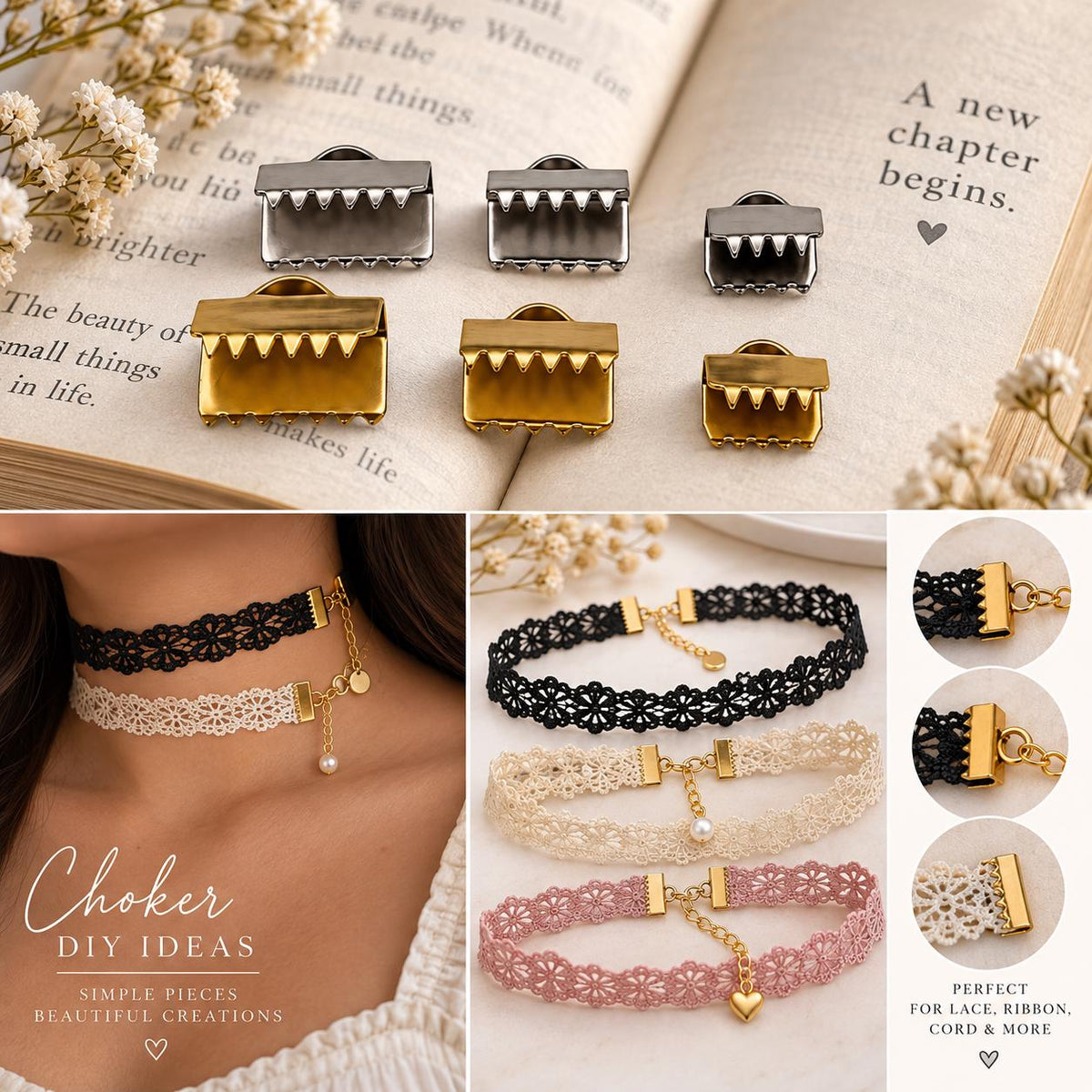 Stainless Steel Ribbon Crimp End Clasps PVD Gold & Silver Cord Ends, Ribbon Clamps for Chokers, Bracelets, Necklaces Jewelry Making