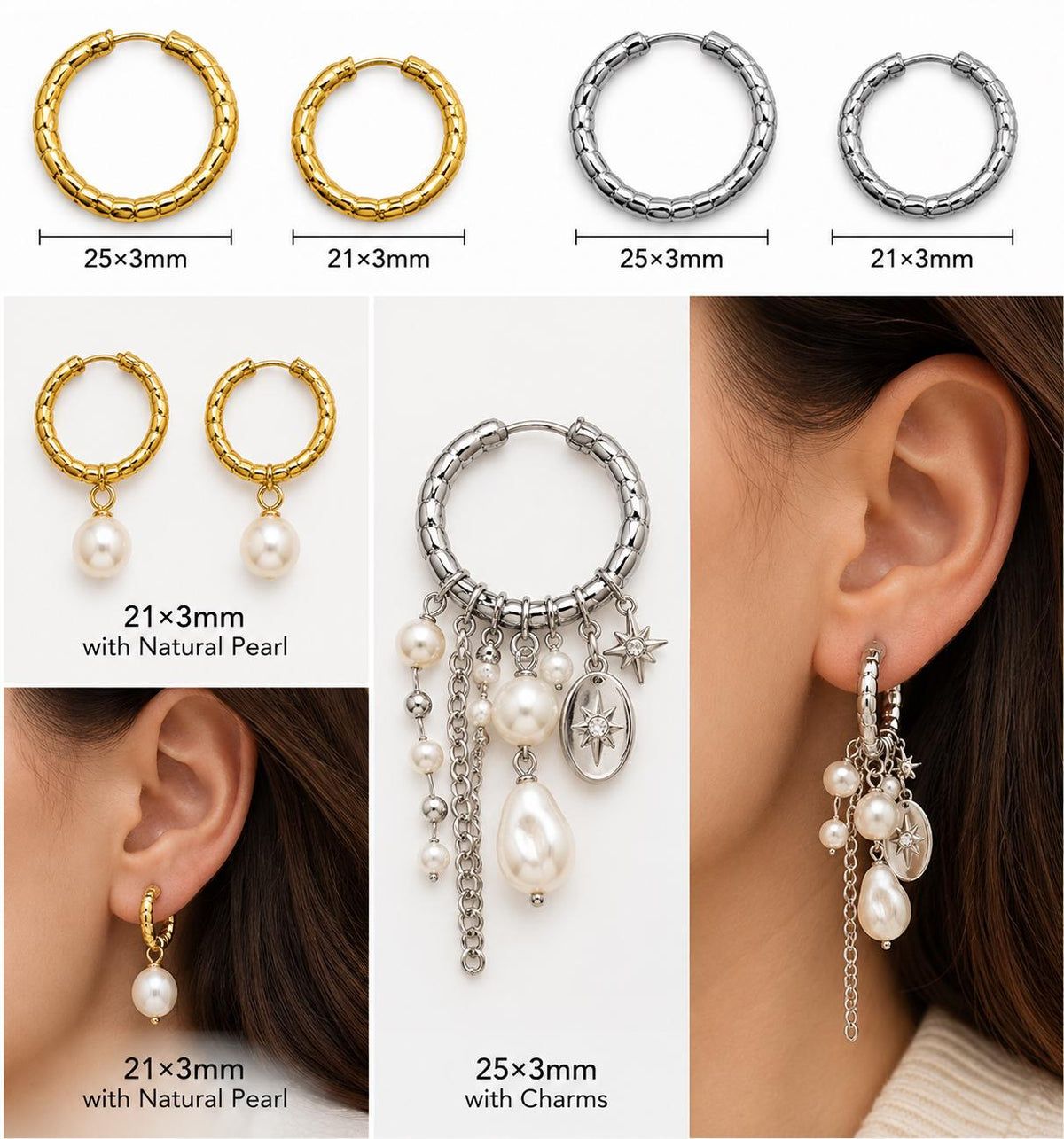 Stainless Steel Hammered Hoop Earrings, Gold & Silver Textured Heggie Hoops, Hypoallergenic Earrings, Jewelry Making Supplies