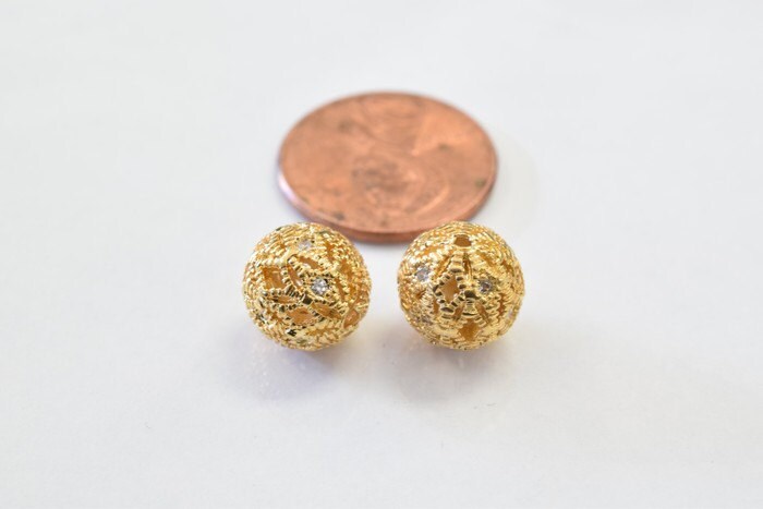 10mm Round Ball 18k Gold Filled Micro Pave Beads with Clear CZ Cubic Zirconia, 18K Gold Filled Findings For Jewelry Making...
